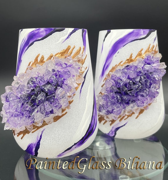 Amethyst marble geode stemless wine glasses, set of 2
