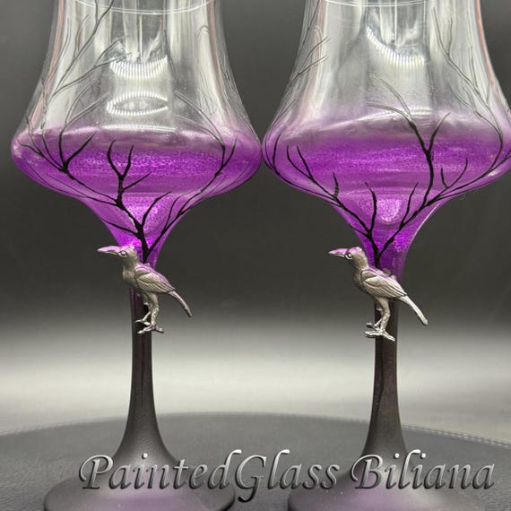 Raven crow toasting wine glasses in purple and black