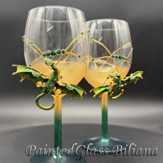Green dragon wedding wine glasses, Set of 2