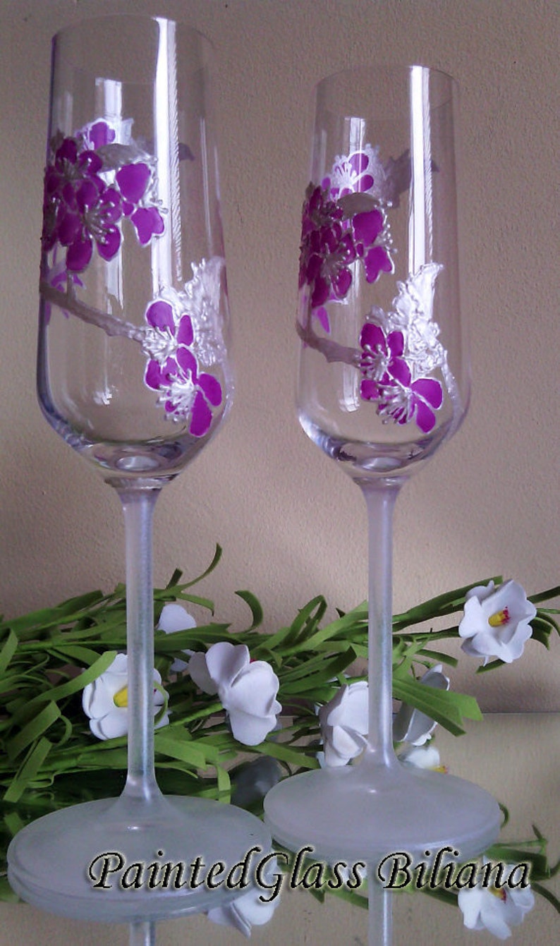 Cherry Blossom CRYSTAL SET of 2 wedding champagne flutes sakura tree