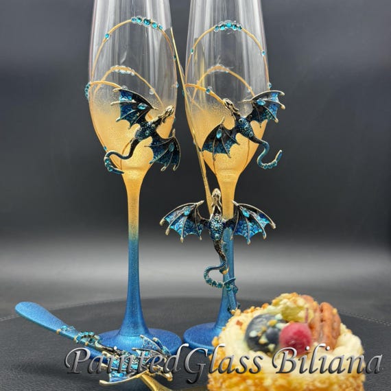 Blue & gold dragon wedding champagne flutes hand painted wedding champagne flutes, Set of 2