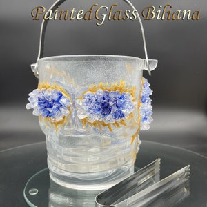 Hand painted decorated bottle cooler Blue Geode Skull Halloween Wedding Centerpiece