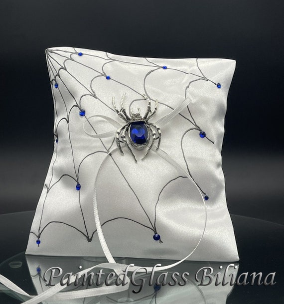 Blue Spider ring pillow, satin handmade hand painted ring pillow halloween theme