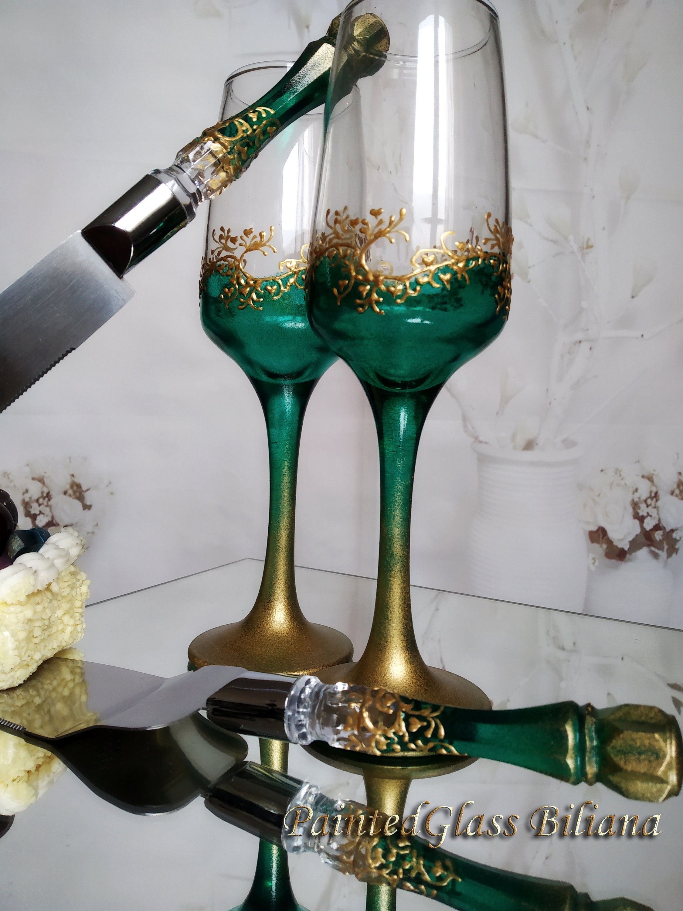Set of 2 Hand Painted Wedding Flutes Champagne Glasses Classic Etsy