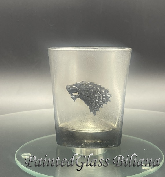 Game of thrones inspired handmade hand painted whiskey glasses House Stark