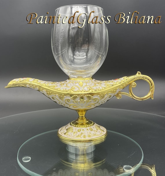 Aladdin magic lamp wine glass, white and gold color, fairytale wine glass