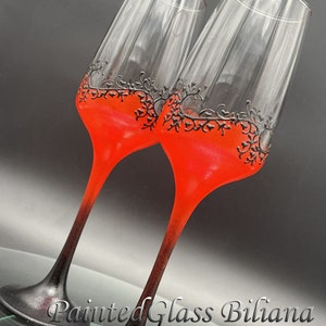 Set of 2 hand painted wedding flutes champagne glasses Classic Black and red Cake serving set server & knife Gatsby style