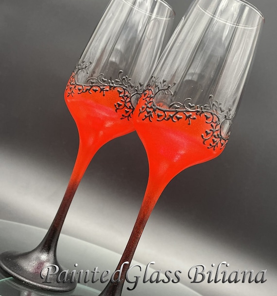 Set of 2 hand painted wedding flutes champagne glasses Classic Black and red Cake serving set server & knife Gatsby style