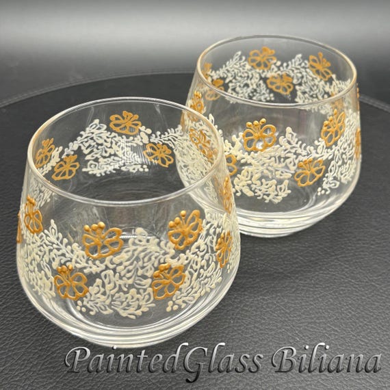 Set of 2 hand painted whiskey glasses Lace