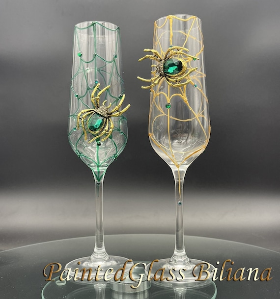 Gold green spider wedding champagne flutes, Halloween wedding theme