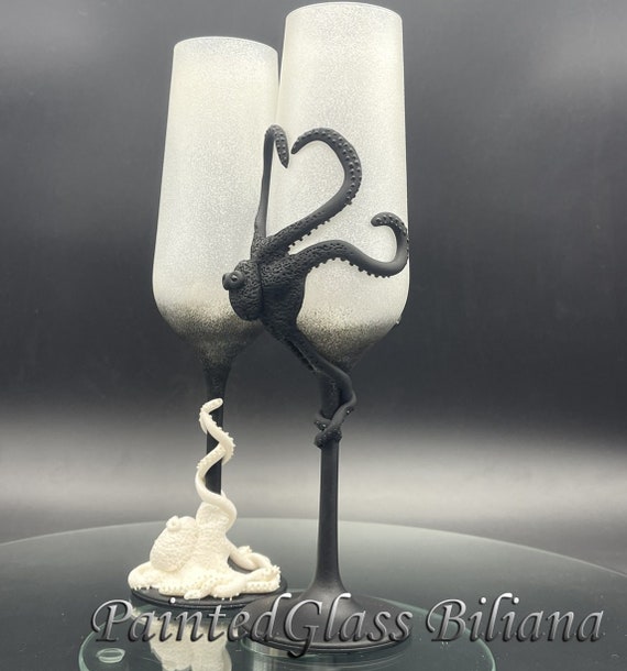 Black White Octopus wedding champagne flutes, 2 pcs