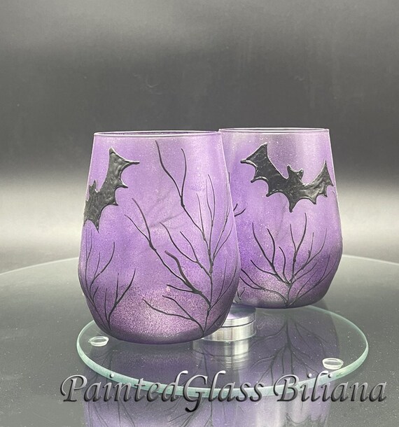 Set of 2 hand painted Halloween Bats purple stemless wine glasses