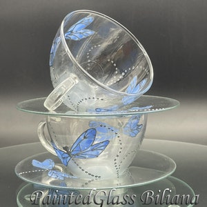 Set of 2 Hand Painted Tea Coffee Glass Cups Silver and blue dragonflies