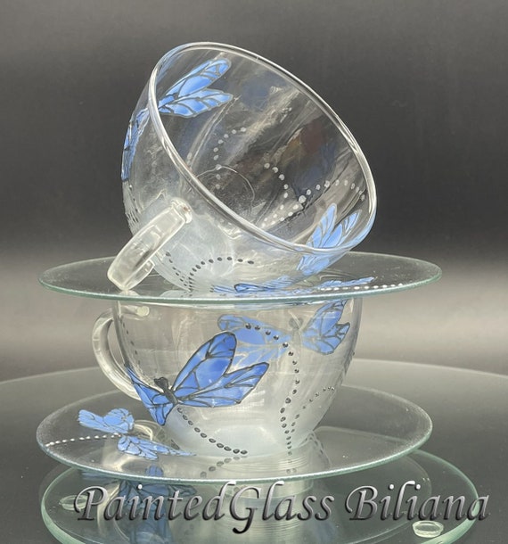 Set of 2 Hand Painted Tea Coffee Glass Cups Silver and blue dragonflies