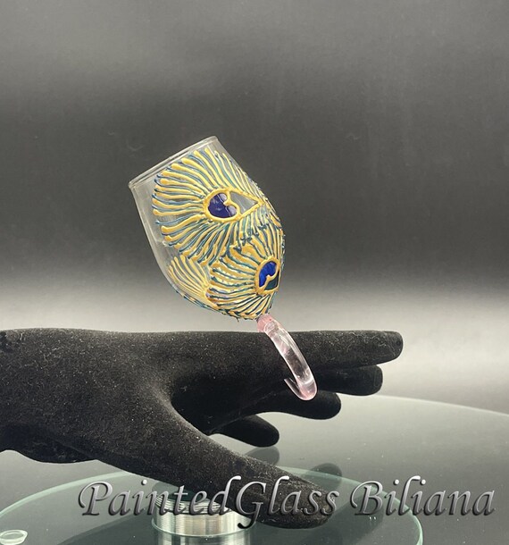 SMALL RING WINE glass Peacock feathers in gold, blue and turquoise color