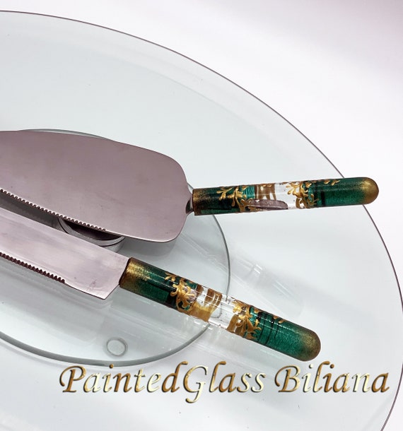 Emerald green gold Gatsby style cake server and knife Glass handles