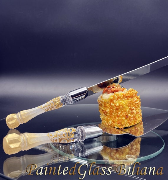White gold Gatsby style cake server and knife