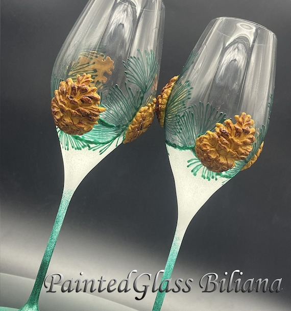 Pine tree wedding champagne flutes, Christmas wedding theme