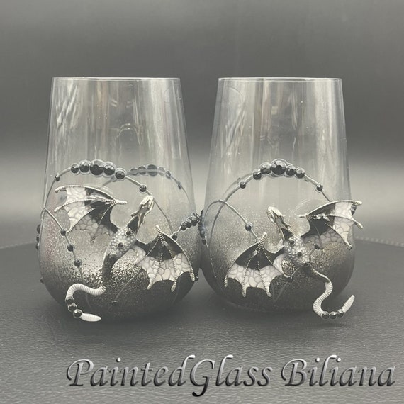 Black dragon  stemless wine glasses, Set of 2