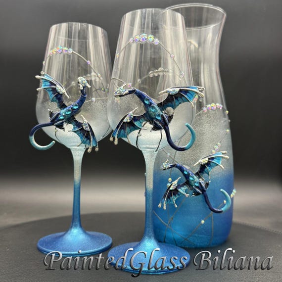 ターコイズブルードラゴンウェディングワイングラス、2個セット - Etsy