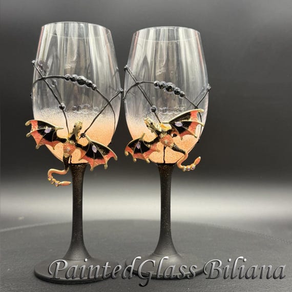 Pink black dragon wedding wine glasses, Set of 2