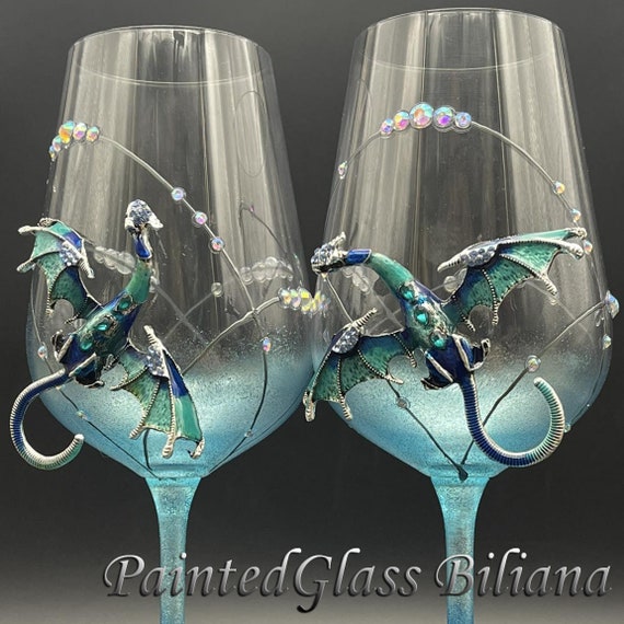 Turquoise blue dragon wedding wine glasses, Set of 2