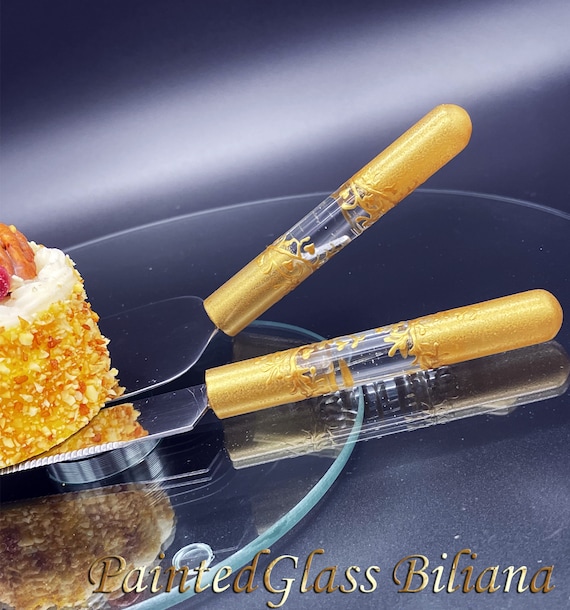Gold Gatsby style cake server and knife, Glass handles