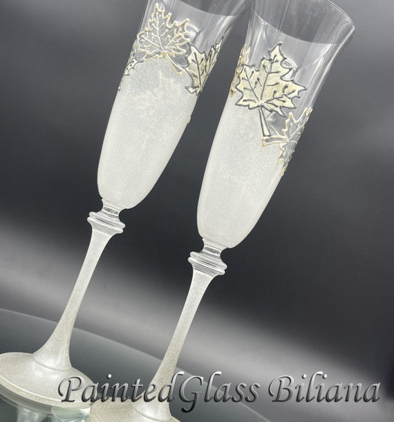 Autumn set of 2 hand painted wedding champagne flutes Maple leaves white silver