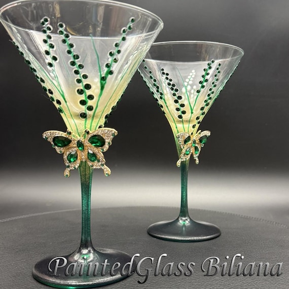 Green butterfly pained martini glasses