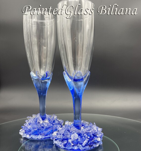 Free shipping Blue geode wedding flutes