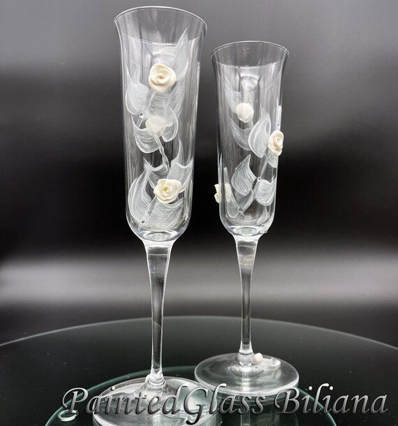 Set of 2 Hand Painted champagne flutes White  Roses with crystals