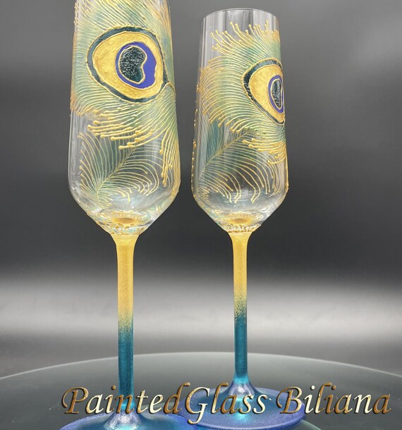 CRYSTAL SET of 2  peacock feather wedding champagne flutes in gold and peacock blue color, wedding glasses peacock theme