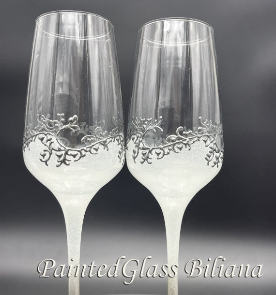 Set of 2 hand painted wedding flutes champagne glasses Classic white and silver Cake serving set