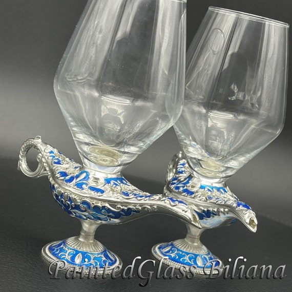 Aladdin magic lamp wedding champagne flutes, silver & blue color, fairytale wedding glasses