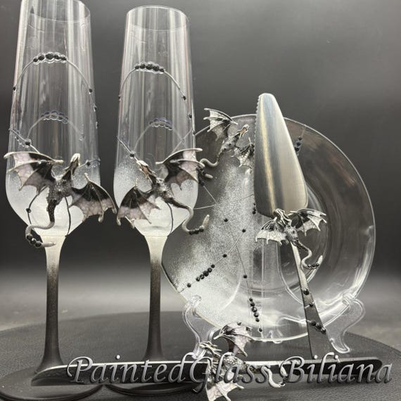 Black dragon wedding champagne flutes hand painted wedding champagne flutes, Set of 2