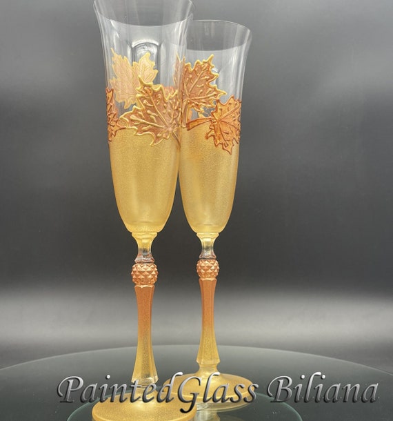 Autumn set of 2 hand painted wedding champagne flutes Maple leaves Cake serving set