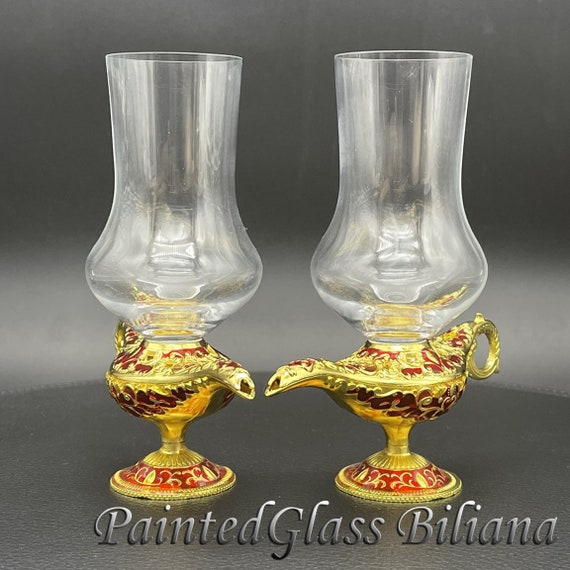 Aladdin magic lamp wedding champagne flutes, gold & red color, fairytale wedding glasses