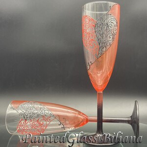 Red and black Wedding Glasses Champagne Flutes Set of 2 Lace Heart design image 6