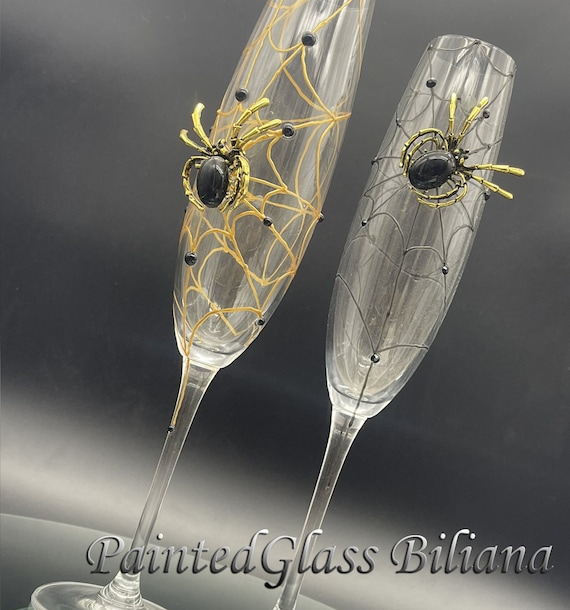 Gold black spider wedding champagne flutes, Halloween wedding theme