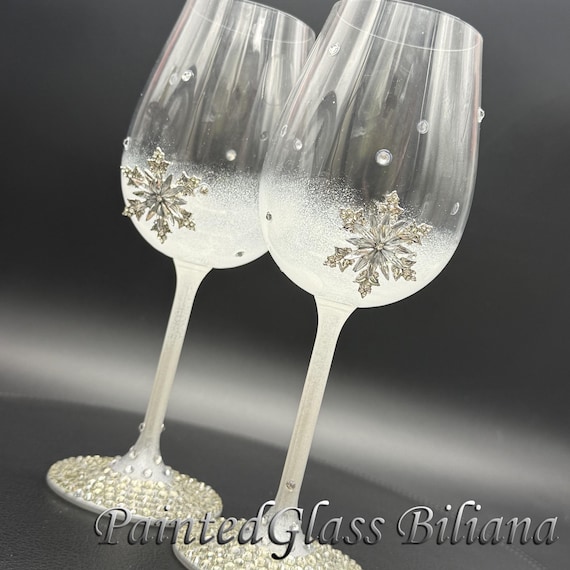Set of 2 silver crystal snowflake Winter wine glasses