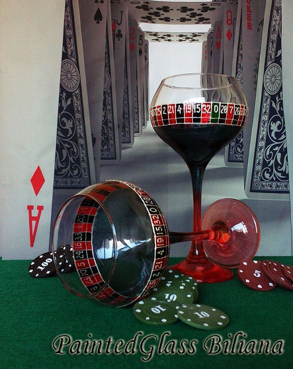 Vegas SET of 2 Hand Painted wine glasses Casino roulette theme in red and black