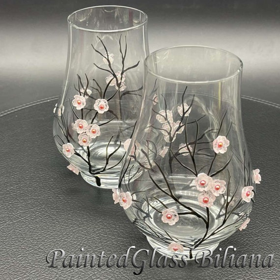 Sakura crystal set of 2 Hand Painted brandy cognac whiskey nosing glasses Cherry blossom theme