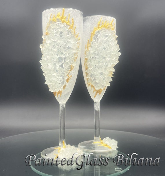 White geode wedding flutes