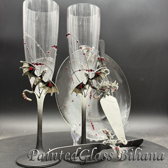 Black Dragon Wedding Champagne Flutes: Hand Painted Crystal Set