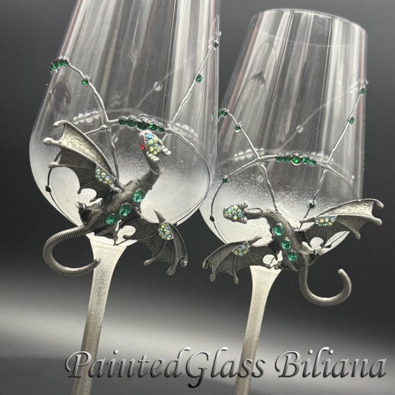 Silver dragon toasting wine glasses, Set of 2