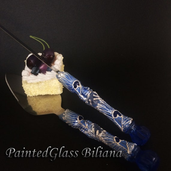 Wedding cake server and knife, Peacock feathers wedding cake accessories, Peacock wedding supplies, blue gold cake serving set, 2 pcs