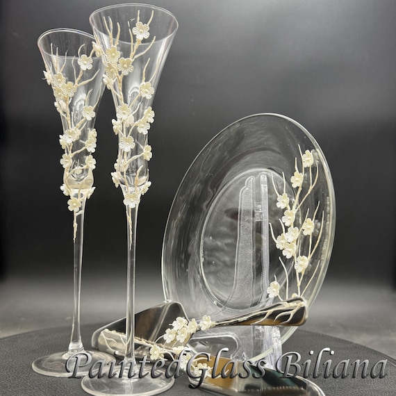 Hand Painted Sakura Cherry Blossom Champagne Flutes