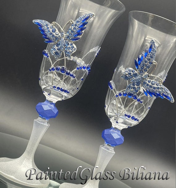 Blue butterflies Wedding toasting hand painted champagne flutes