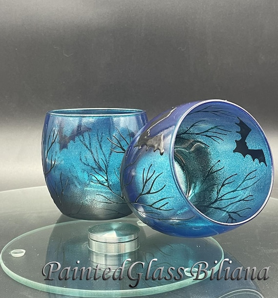 Set of 2 hand painted decorated whiskey glasses Black and turquoise  Bats Halloween wedding favor