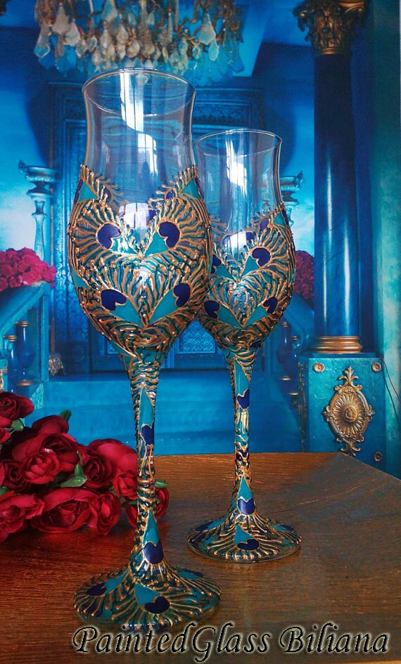 Set of 2 hand painted wedding champagne flutes Peacock heart theme wedding glasses